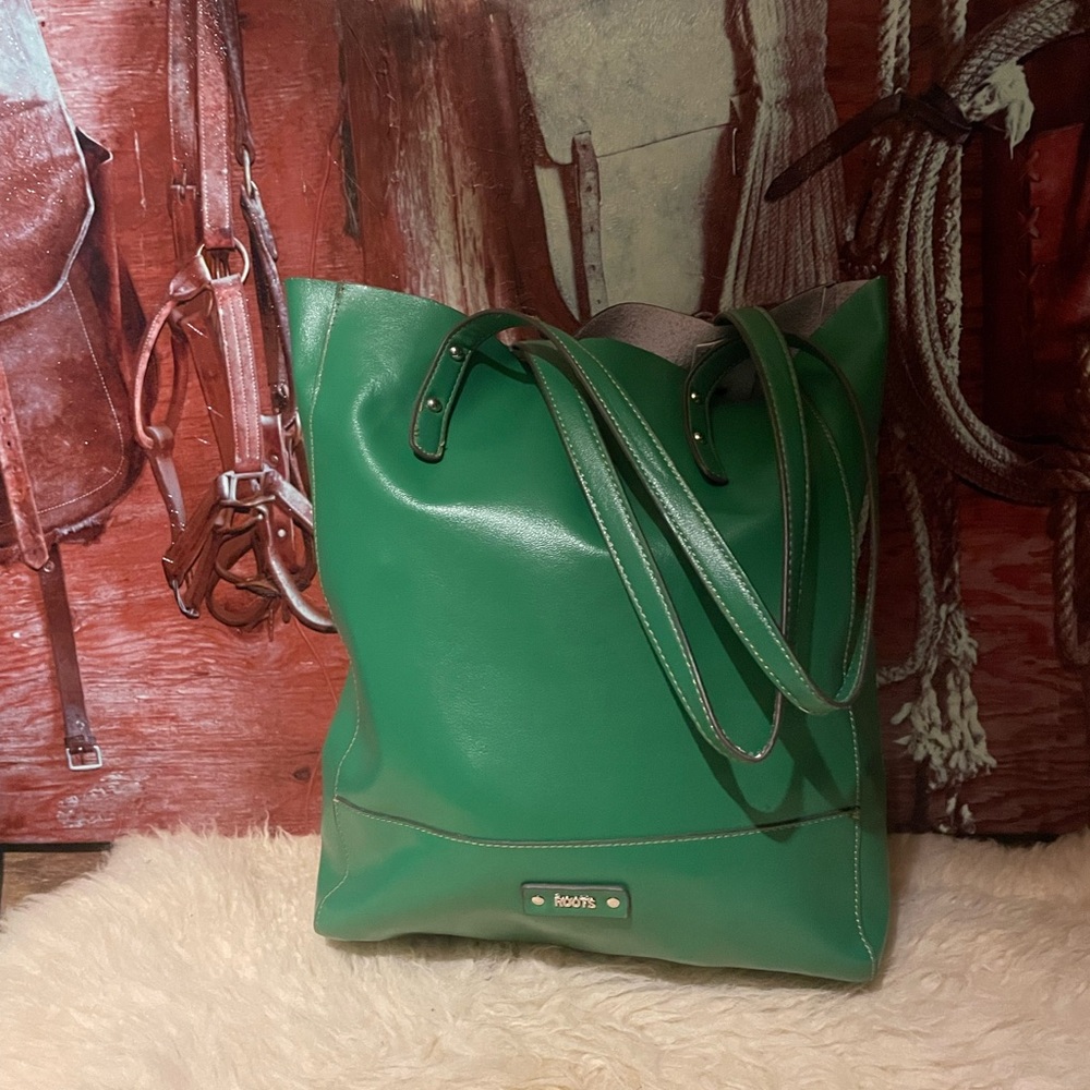 Roots green leather tote bag